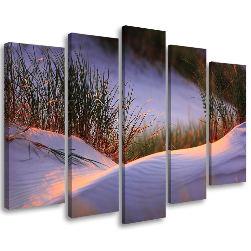 5-teiliges leinwandbild strand meersand 150x100 cm Feeby lila wandbild bereit zum aufhängen