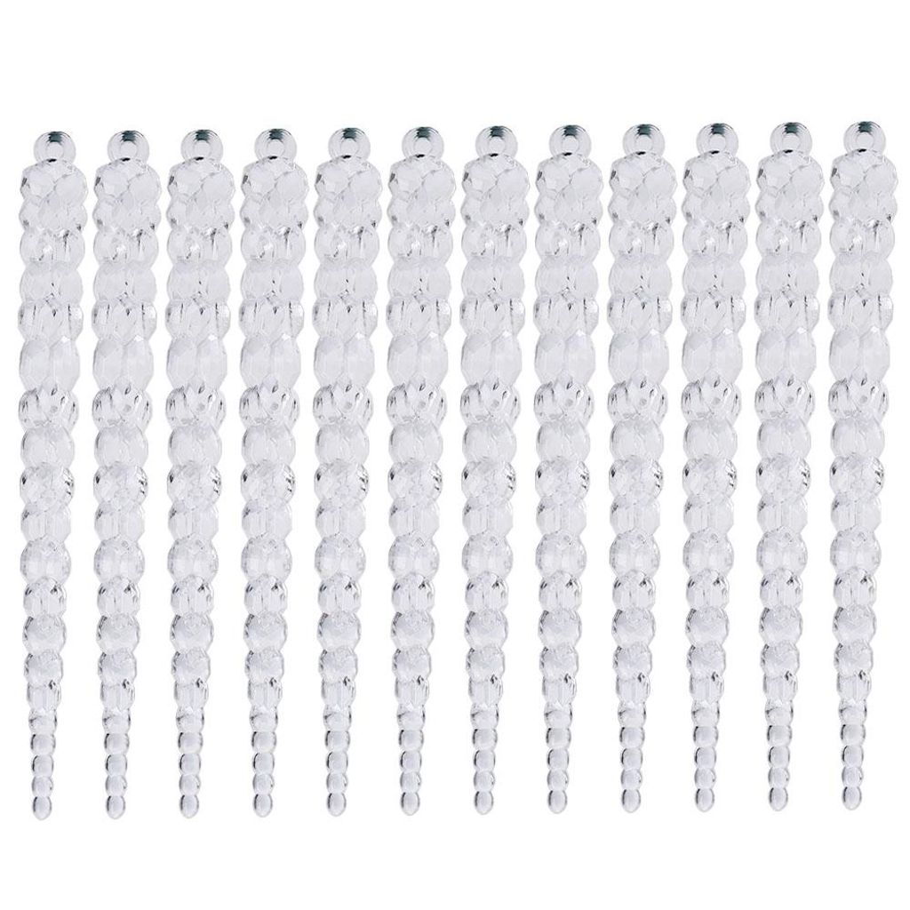 A row of clear acrylic icicle decorations against a white background.