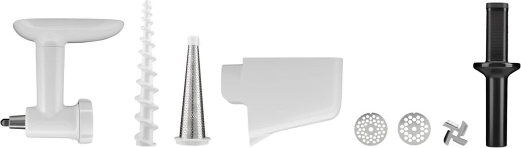 A collection of kitchen appliance attachments laid out on a white background.