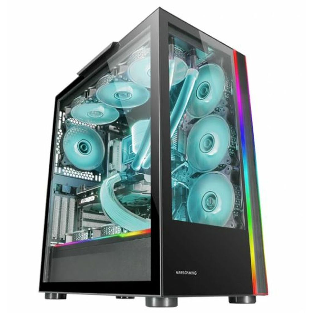 A computer case with internal lighting and fans.
