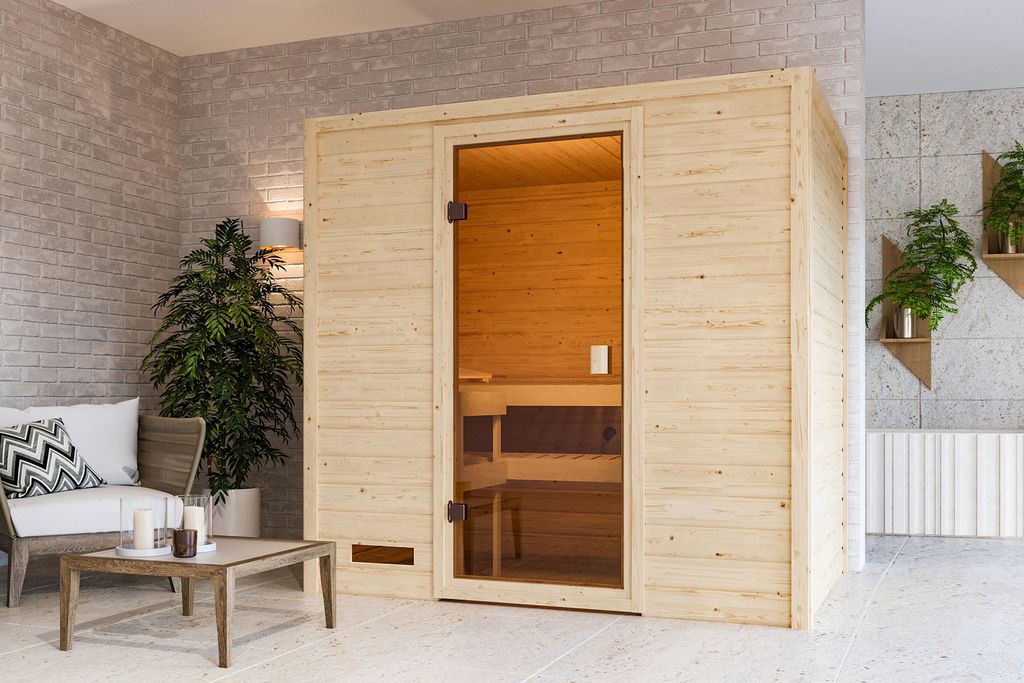 Karibu Sauna Innensauna Selena Fronteinstieg Ofen 9 kW integr. Strg 195x145x187 cm ohne Dachkranz