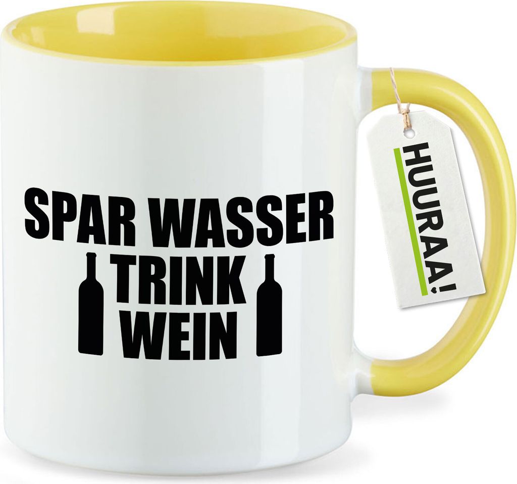 Huuraa Kaffeetasse Spar Wasser Trink Wein Weinflasche 330ml Gelb Keramik Kaffeebecher Geschenkidee