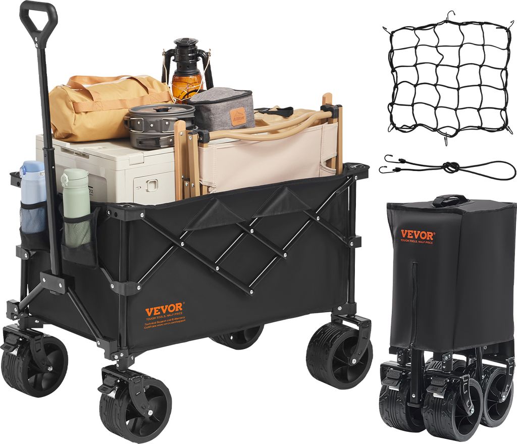 A VEVOR wagon filled with camping gear, shown from a slightly elevated front-left angle. The wagon is black with orange branding. Accessories like a net and bungee cords are shown separately on the right.