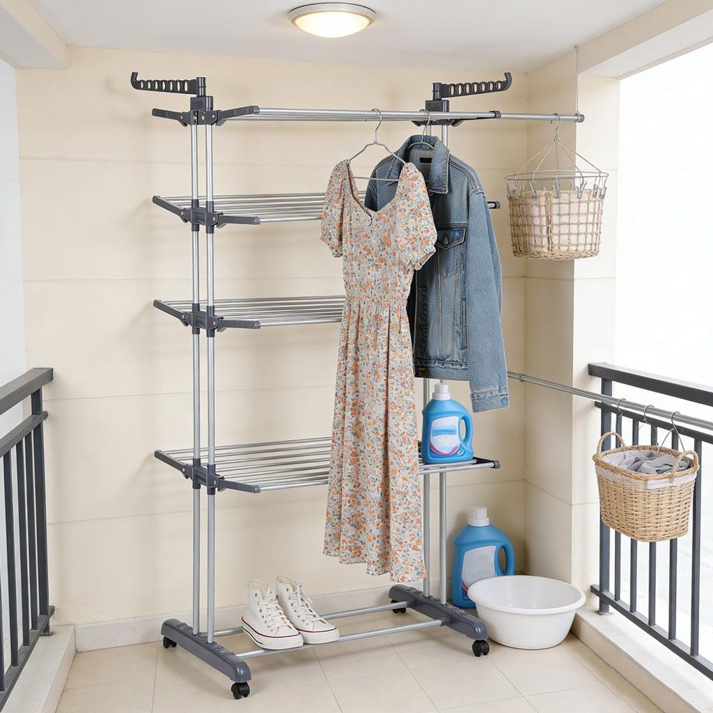 Turm-Wäschetrockner Tower mit Rollen,5-Etagen Edelstahl Standtrockner mit Faltbaren Flügeln,Platzsparend Klappbar für Balkon Bad & Garten 75x64x...