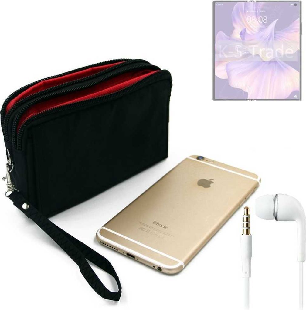 TOP SET kompatibel mit Huawei Mate Xs 2 Handy Hülle Gürteltasche schwarz + Kopfhörer Travel Bag Travel-Case mit Diebstahlschutz praktische Schutz