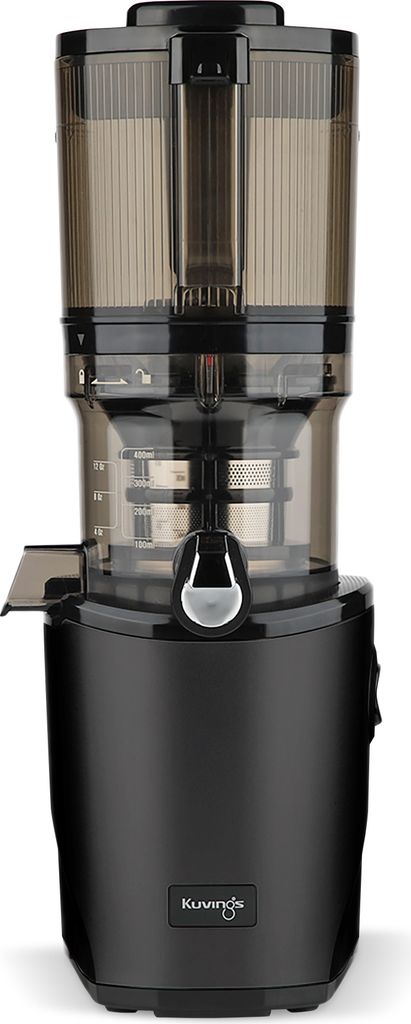 A black Kuvings slow juicer is shown against a white background.