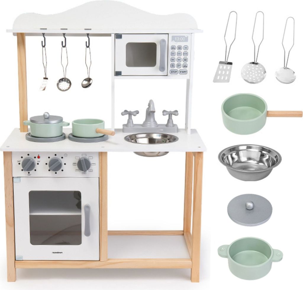 Mamabrum Kinderküche aus Holz mit Mikrowelle, Backofen & Zubehör – stabile Spielküche ab 3 Jahren