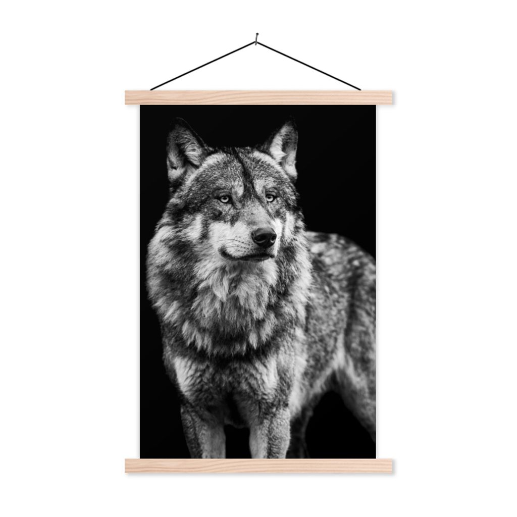 MuchoWow Textilposter Wolf - Tiere - Wild - Schwarz - Weiß 40x60 cm mit holzfarbenen Rahmen - Poster