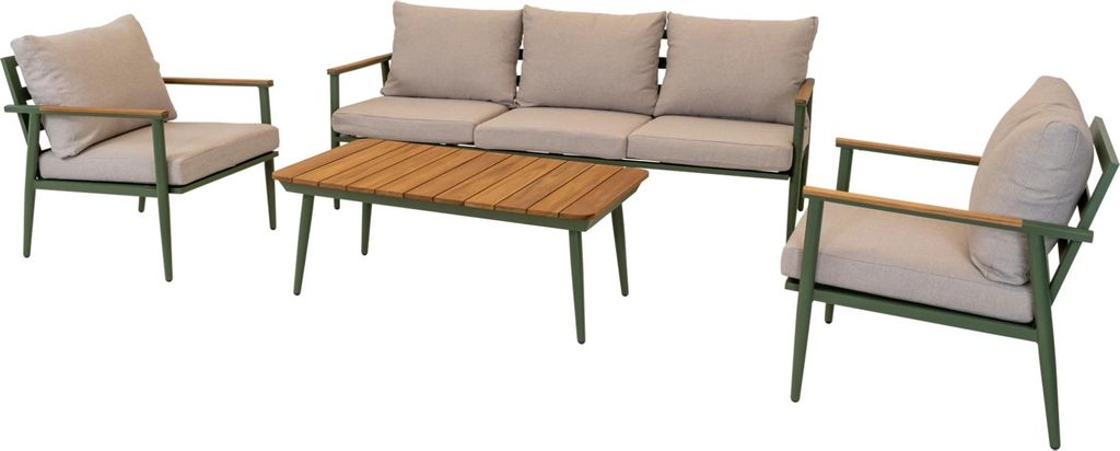 Loungeset - Grünes Aluminium - Teakholz-Tischplatte - 3-teilig