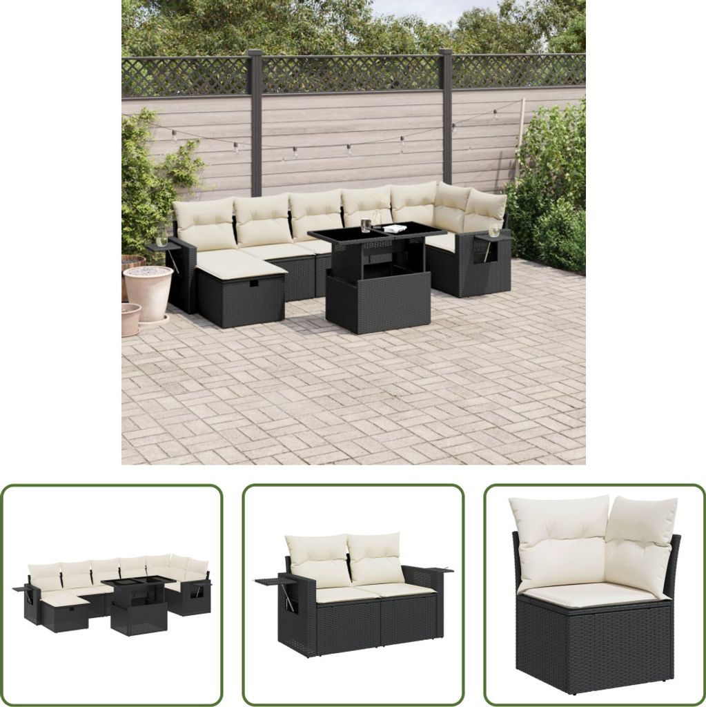The Living Store 8-tlg. Garten-Sofagarnitur mit Kissen Schwarz Poly Rattan
