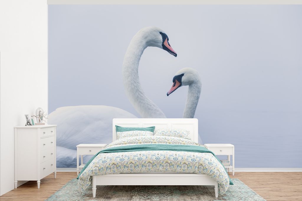 MuchoWow Fototapete für Wohnzimmer oder Schlafzimmer Wandtapete Vinyl Motivtapete Schwäne - Vogel - Weiß - 345x220 cm - Wohnzimmertapete