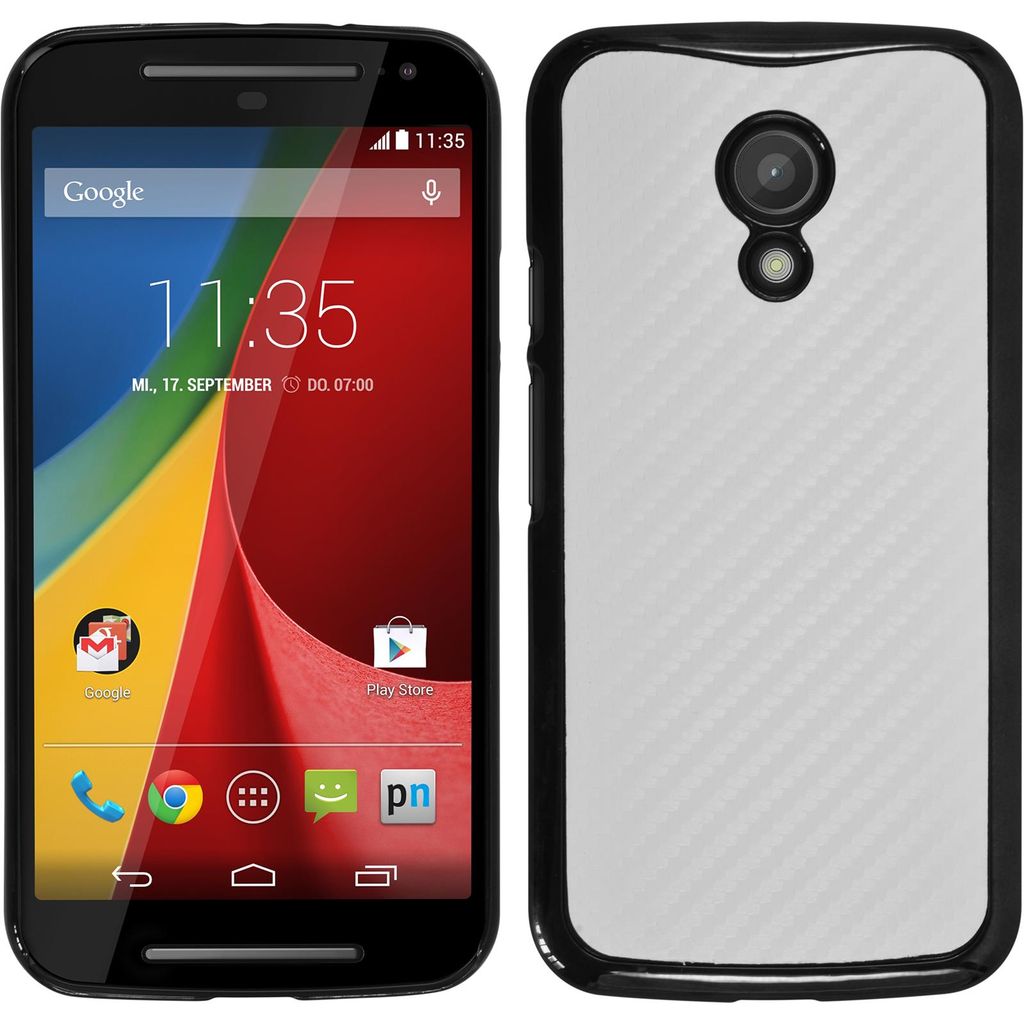 PhoneNatic Case kompatibel mit Motorola Moto G 2014 2. Generation - Hülle weiß Carbonoptik Hard-case + 2 Schutzfolien