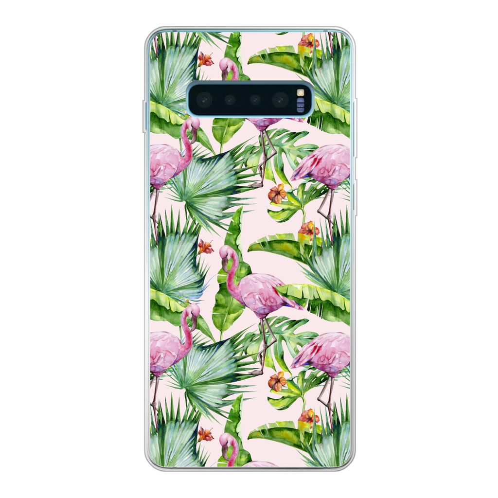 MuchoWow Handyhülle Schutzhülle Hülle für Samsung Galaxy S10 Plus Flamingo - Pflanzen - Muster Silikon Softcase Handy Hülle - Schutzhülle