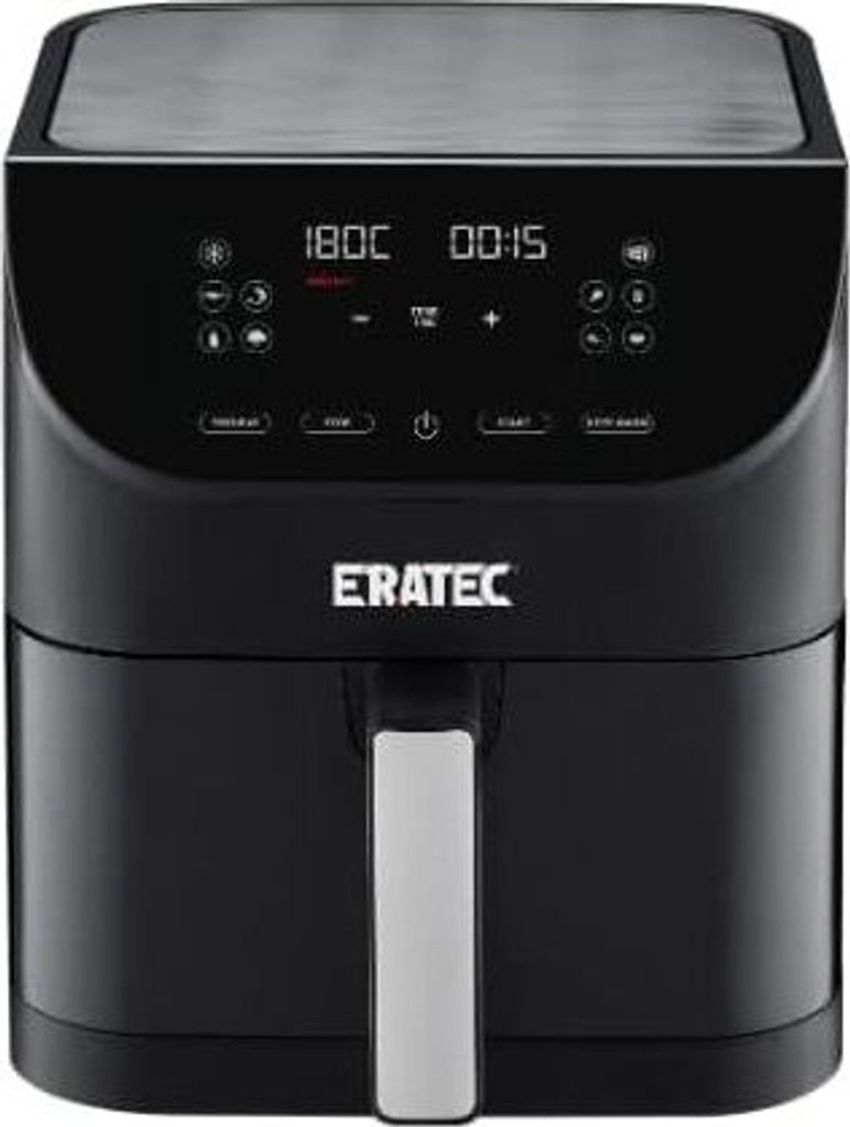 A black air fryer with a digital display and a silver handle.