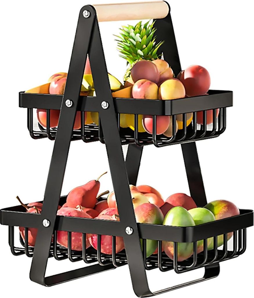 Obst- und Gemüseständer - Aufbewahrungskorb mit 2 Ebenen - Abnehmbar - Vielseitig - Für Brot, Obst & Gemüse - Schwarz
