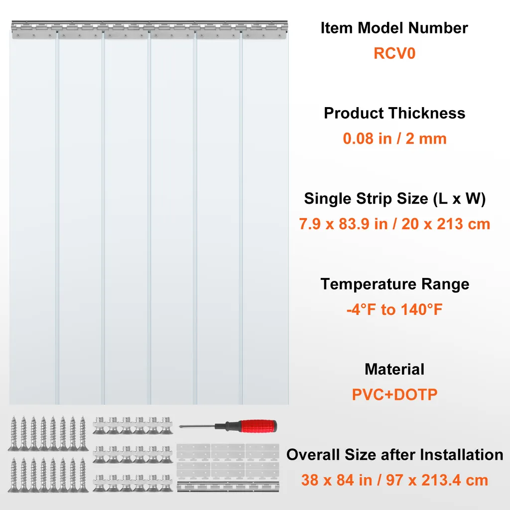 Tenda a strisce VEVOR, 213,4 cm di altezza x 96,5 cm di larghezza, 0,2 cm di spessore, 6 pezzi tenda per porte a strisce in PVC trasparente, tenda per congelatori, strisce per porte in plastica con sovrapposizione del 50% - 7