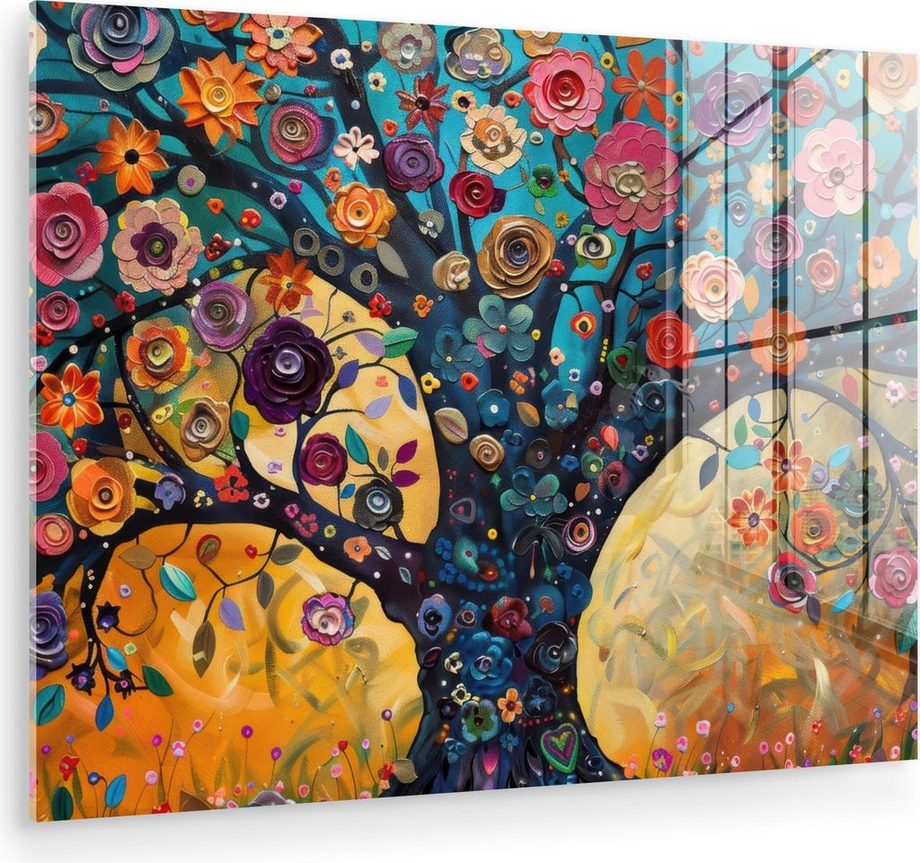 MuchoWow Glasbilder - Bilder auf Wandbild - Foto auf Glas Baum - Lebensbaum - Farbenfroh - Blumen - Modern 80x60 cm Wanddekoration aus Glas - Acryl...