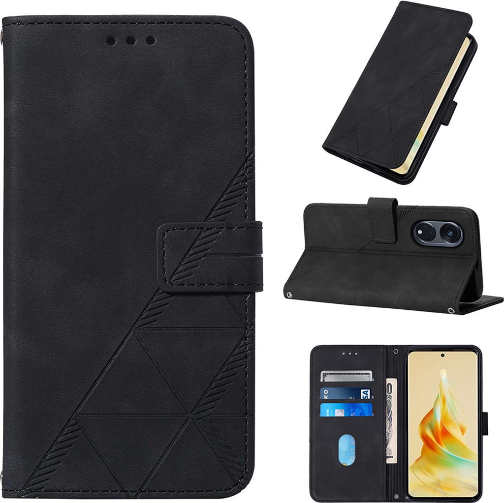 Hülle für Oppo Reno8 T 5G / A1 Pro 5G Prägung Flip Leder Kartenfächer Schutzhülle mit Ständer Schwarz