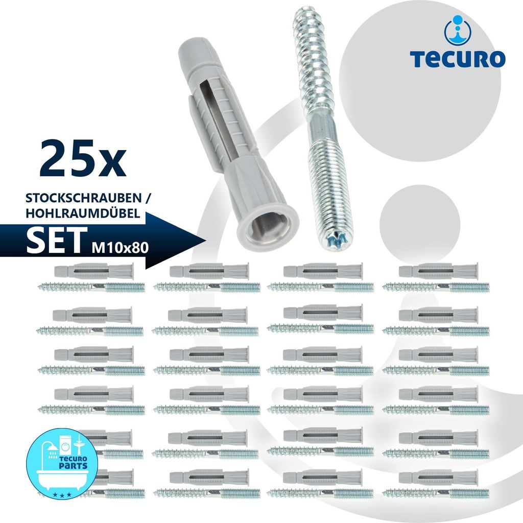 tecuro Stockschraube M 10 x 80mm, Stahl verzinkt mit Dübel 12,0 x 71mm - VPE 25 Stück