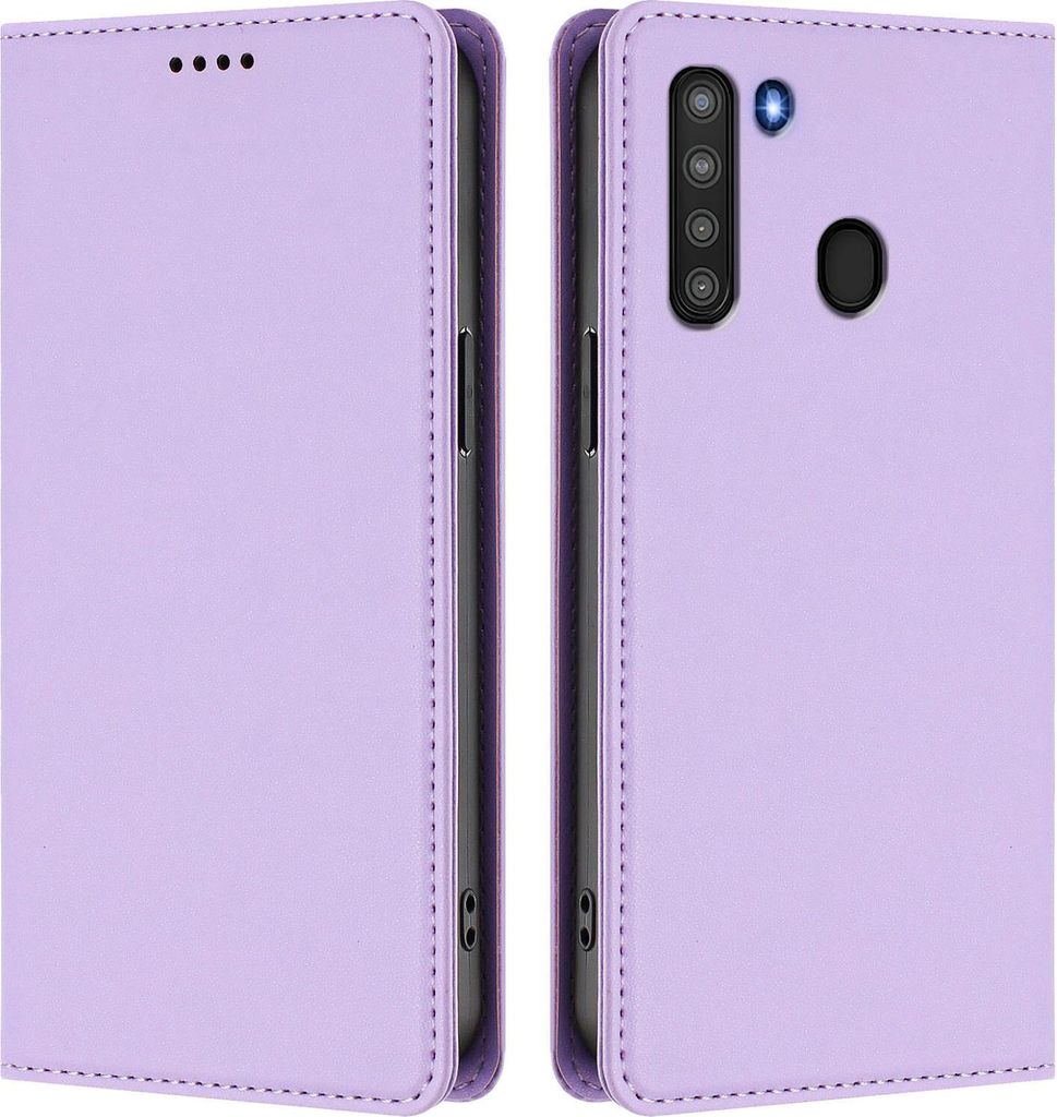 Handyhülle für Samsung Galaxy A21, Kunstleder Klapphülle Stoßfeste Magnetische Hülle mit Ständer Violett