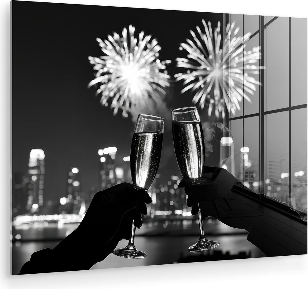 MuchoWow Glasbilder - Bilder auf Wandbild - Foto auf Glas Feuerwerk - Prost - Skyline - Champagner 80x60 cm Wanddekoration aus Glas - Acrylglasbild...