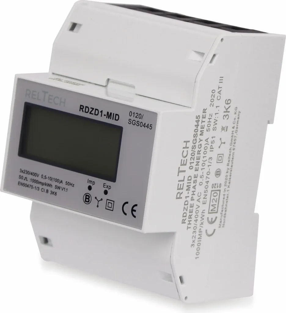 Compteur triphasé numérique Reltech 100A avec sortie S0 et certifié MID - 4