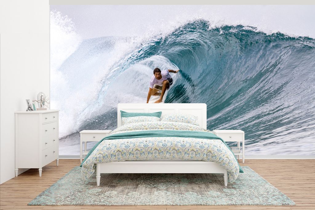 MuchoWow Fototapete für Wohnzimmer oder Schlafzimmer Wandtapete Vinyl Motivtapete Surfender Mann - 465x260 cm - Hintergrundbild