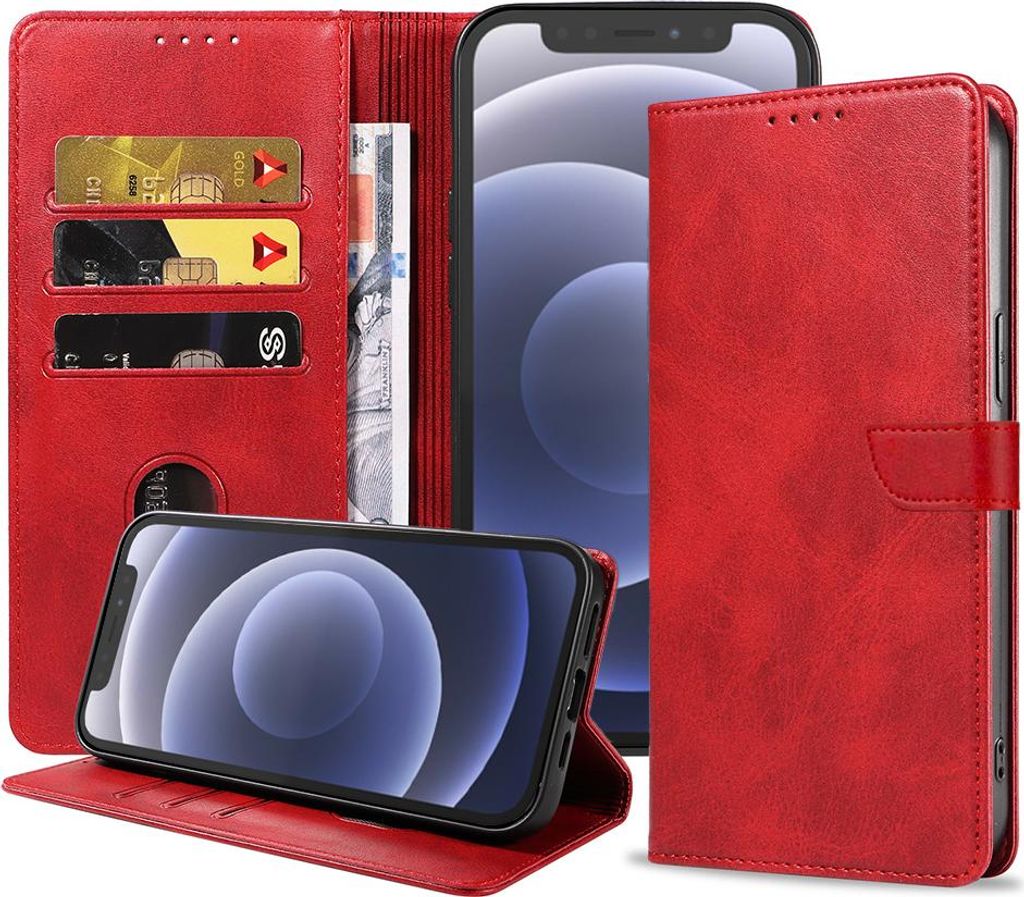 Fit für iPhone 12 Mini Handyhülle Kunstleder mit magnetischer Lippe und Kartenhalter Buchhülle mit Klappe - Rot - Smartphonica