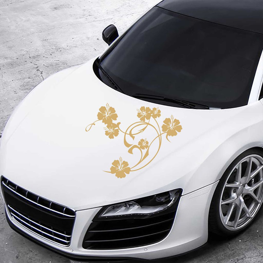Aufkleber - Autoaufkleber "Hibiskus Swirl" 50cm x 40cm gold - Tuning Carystyling Heckscheibe Auto