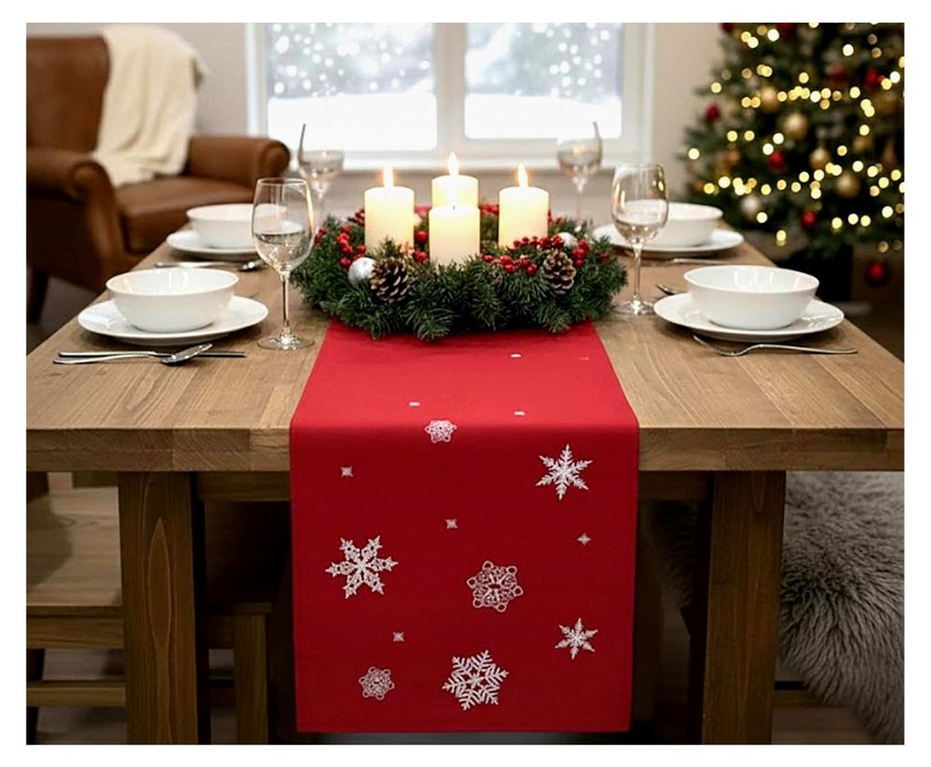 Tischläufer 40x150 cm mit filigraner Stickerei für die Küche und den Esstisch in Herbst und Winter (Schneeflocken rot 40x150)