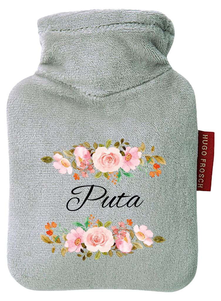 Huuraa Mini-Wärmflasche Puta spanisch Blumen 0,2 Liter Grey Mini Veloursbezug Taschenwärmer Geschenkidee