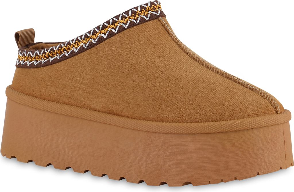 VAN HILL Damen Warm Gefütterte Pantoffeln Bequeme Plateau Prints Schuhe 840876, Farbe: Hellbraun, Größe: 37