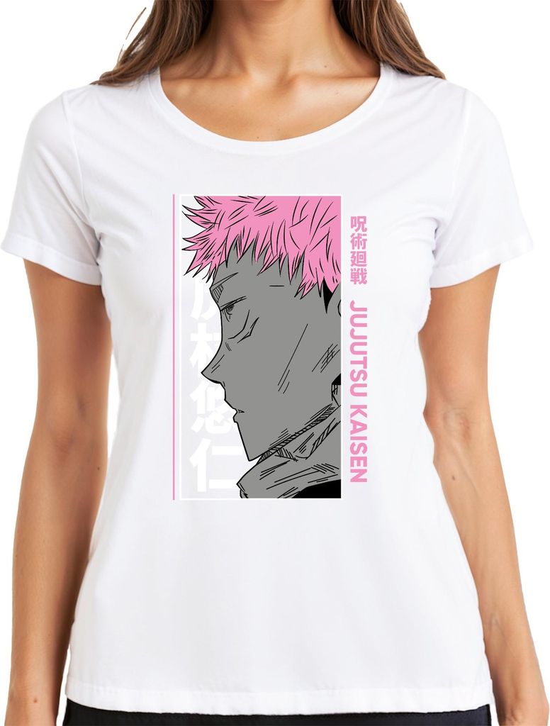 Jujutsu Kaisen Yuji Itadori Anime Porträt rosa Haare Manga Fan Damen T-Shirt, Weiß, L