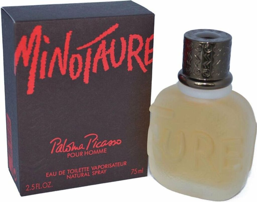 A bottle of Paloma Picasso Minotaure eau de Toilette for men and its packaging are displayed.