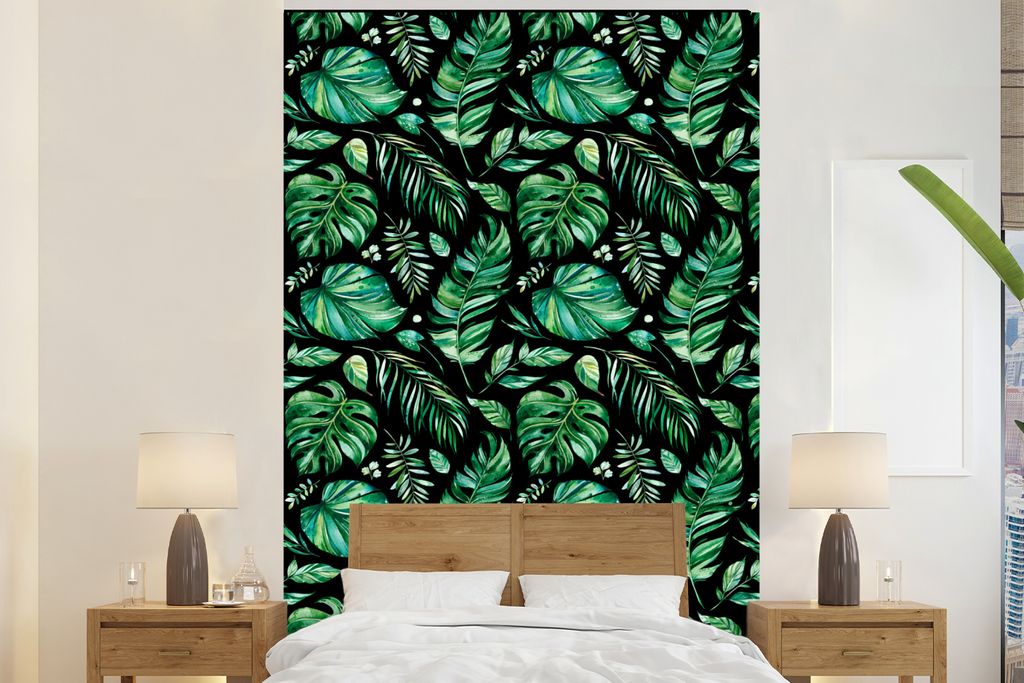 MuchoWow Fototapete für Wohnzimmer oder Schlafzimmer Wandtapete Vinyl Motivtapete Vintage - Blätter - Grün - 155x240 cm - Tapete