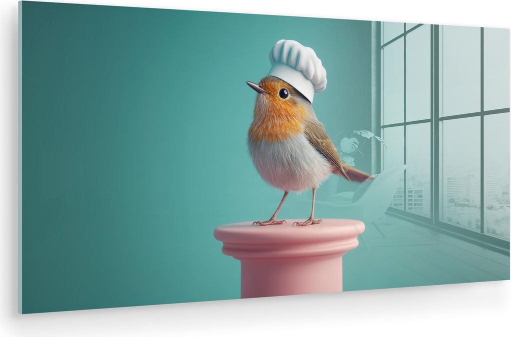 MuchoWow Glasbilder - Bilder auf Wandbild - Foto auf Glas Rotkehlchen - Vogel - Kochmütze - Sockel 80x40 cm Wanddekoration aus Glas - Acrylglasbil...