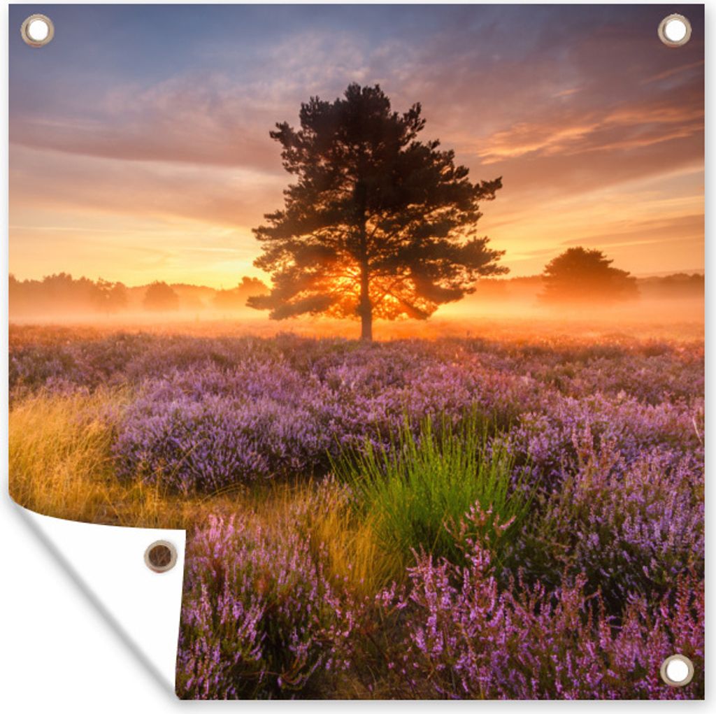 MuchoWow 100x100 cm Outdoor-Poster Gartendeko Sichtschutz Garten Poster für den Garten Heidelandschaft mit einem Baum
