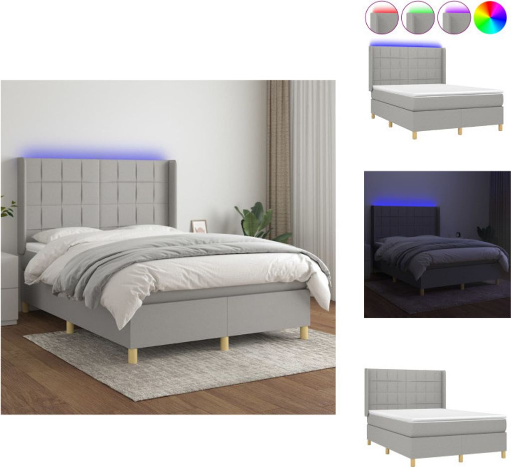 vidaXL Boxspringbett mit Matratze & LED Hellgrau 140x200 cm Stoff - Betten & Bettgestelle