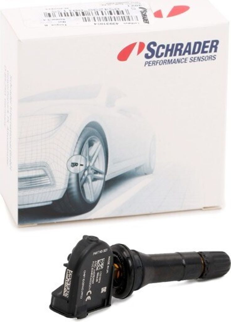 A Schrader tire pressure monitoring sensor and its packaging.
