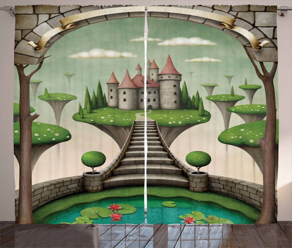 ABAKUHAUS Wandgemälde Rustikaler Gardine, Boho Schloss und Wiesen, Schlafzimmer Kräuselband Vorhang mit Schlaufen und Haken, 280 x 245 cm, Mehrfa...