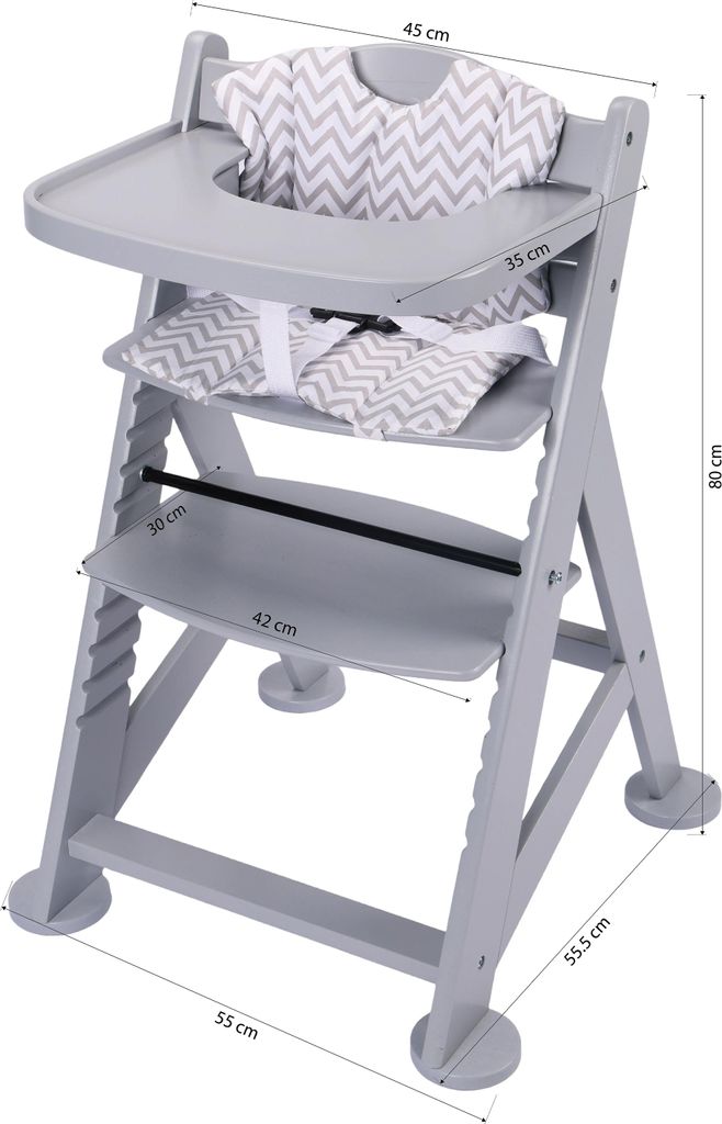 Sunny Fynn Hochstuhl aus Holz Grau | Hochstuhl Baby, Kinderhochstuhl Inklusive Abnehmbarem Essbrett, Kissenset und Sicherheitsgurt | ab ca. 9 Monat...