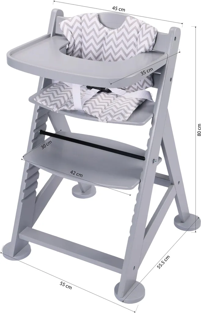 Sunny Fynn Seggiolone in legno, grigio | Seggiolone per neonati/bambini con tavolino rimovibile, set di cuscini e cintura di sicurezza | a partire da circa 9 mesi - 55,5 x 55 x 80 cm