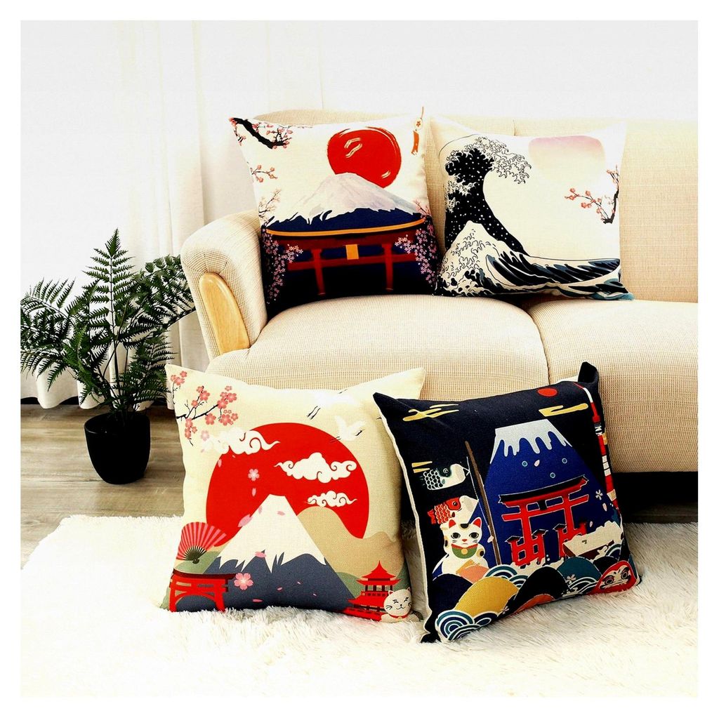 Kissenbezug 45x45 cm im japanischen Stil aus Baumwolle und Leinen, dekorative Kissenhülle mit Fuji-Bergen, bedruckte Kissenbezüge für Sofa, Couc...