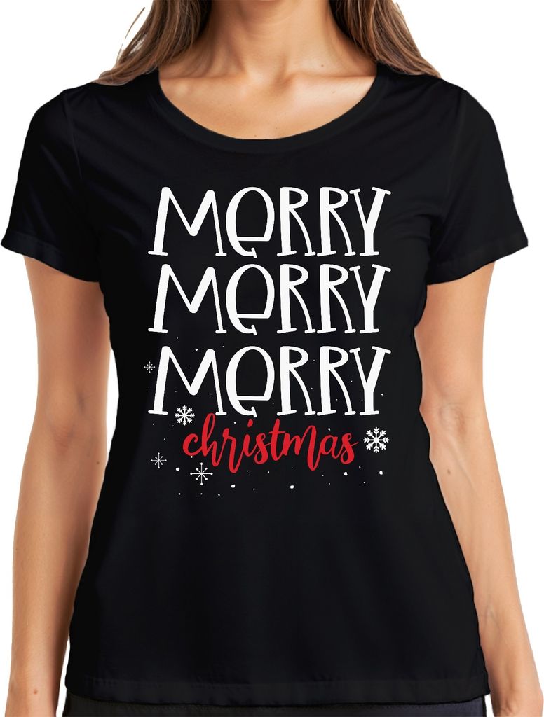 Merry Merry Merry Christmas - Weihnachten Weihnachtsgeschenk Christmas Damen T-Shirt, Schwarz, S