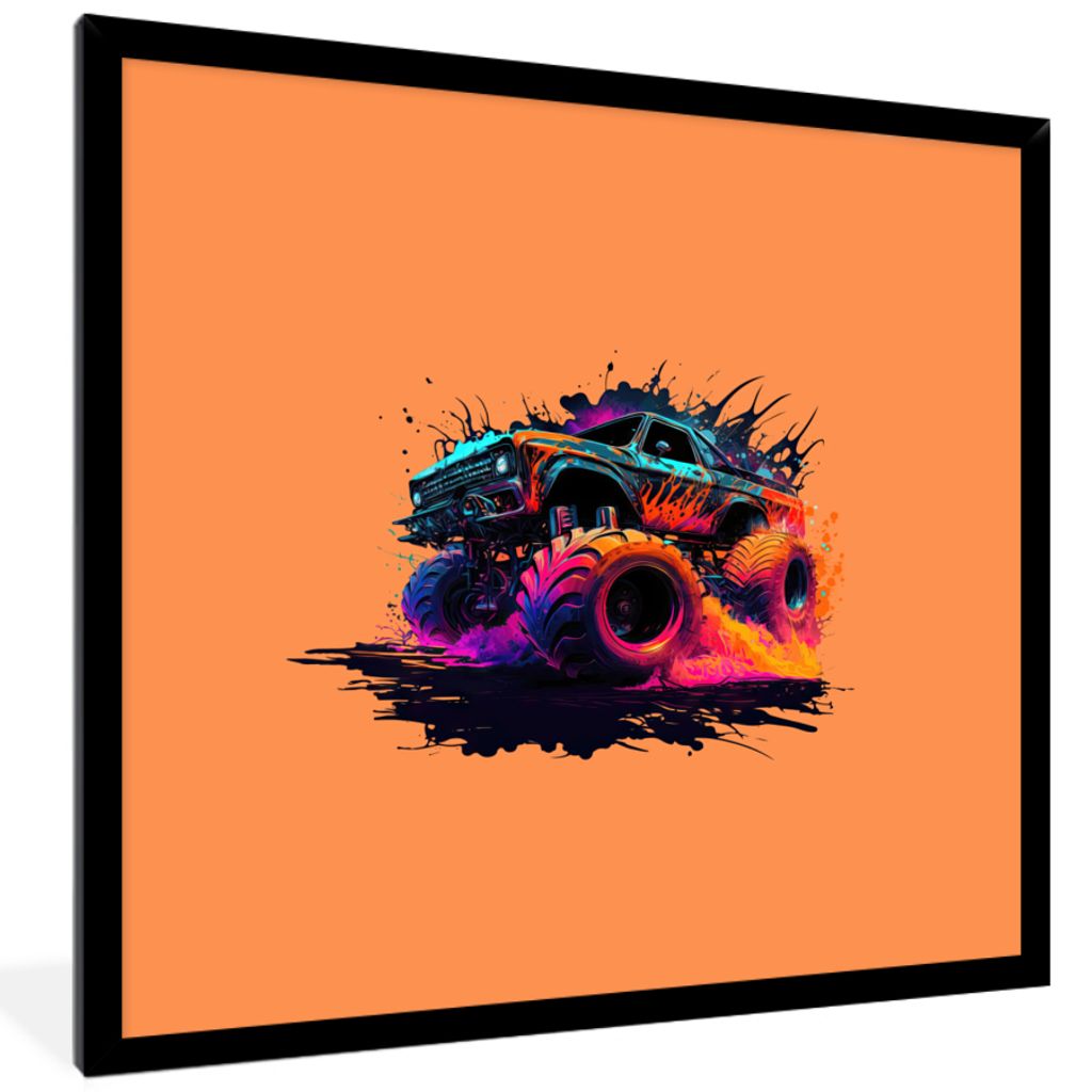 MuchoWow Gerahmtes Poster Monstertruck - Design - Neon - Auto 40x40 cm - Poster mit Schwarzem Bilderrahmen Wandposter Rahmen Foto Bilder - Mit Ra...