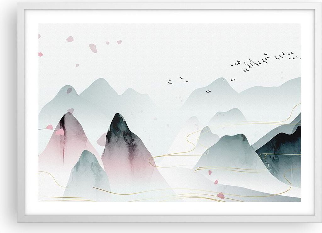 Gerahmtes Poster - Weißer Rahmen - Berge Vögel Modern - 70x50 cm - Wand Bild - Wanddeko - Wandbilder - Kunstposter - Wandposter - Bilderrahmen - ...