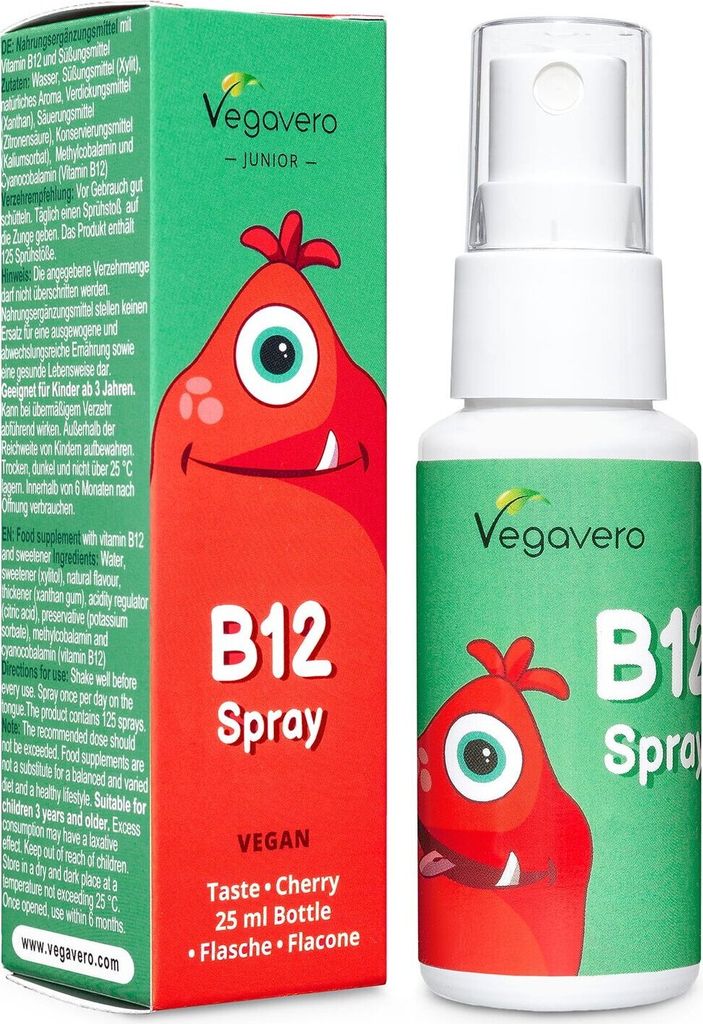 Vegavero Vitamin B12 Spray Junior | 25 ml | mit natürlichem Kirschgeschmack | frei von Zucker und Alkohol | vegan