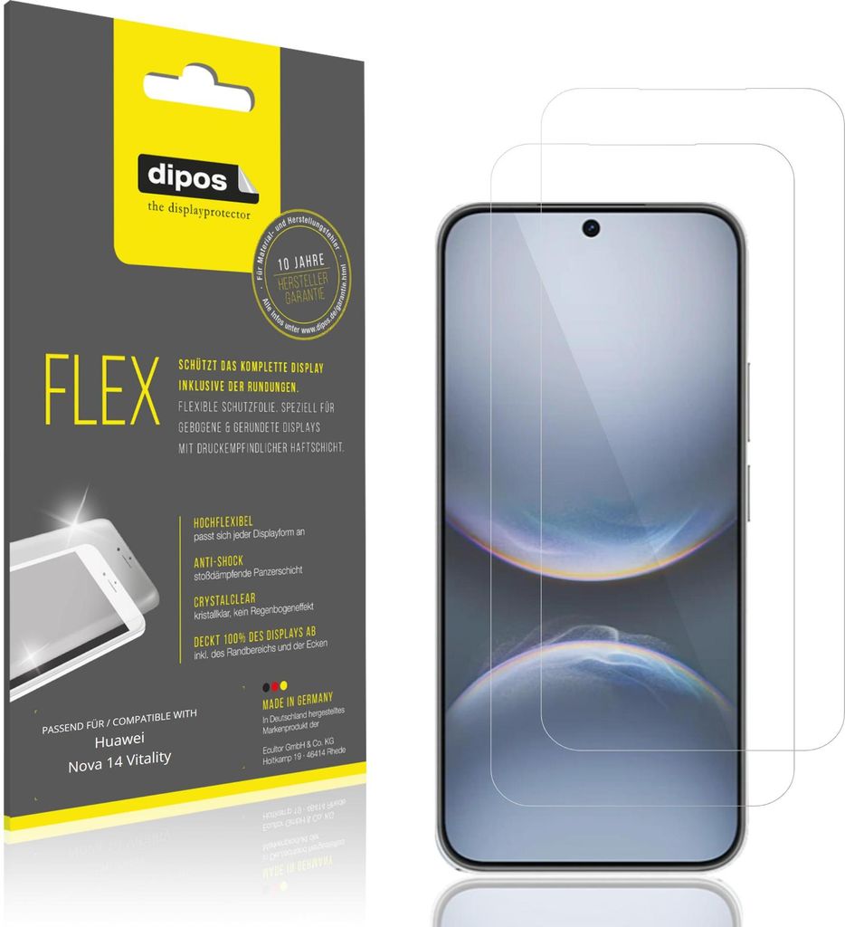 2x Schutzfolie für Huawei Nova 14 Vitality Folie, 100% Displayabdeckung, dipos Flex