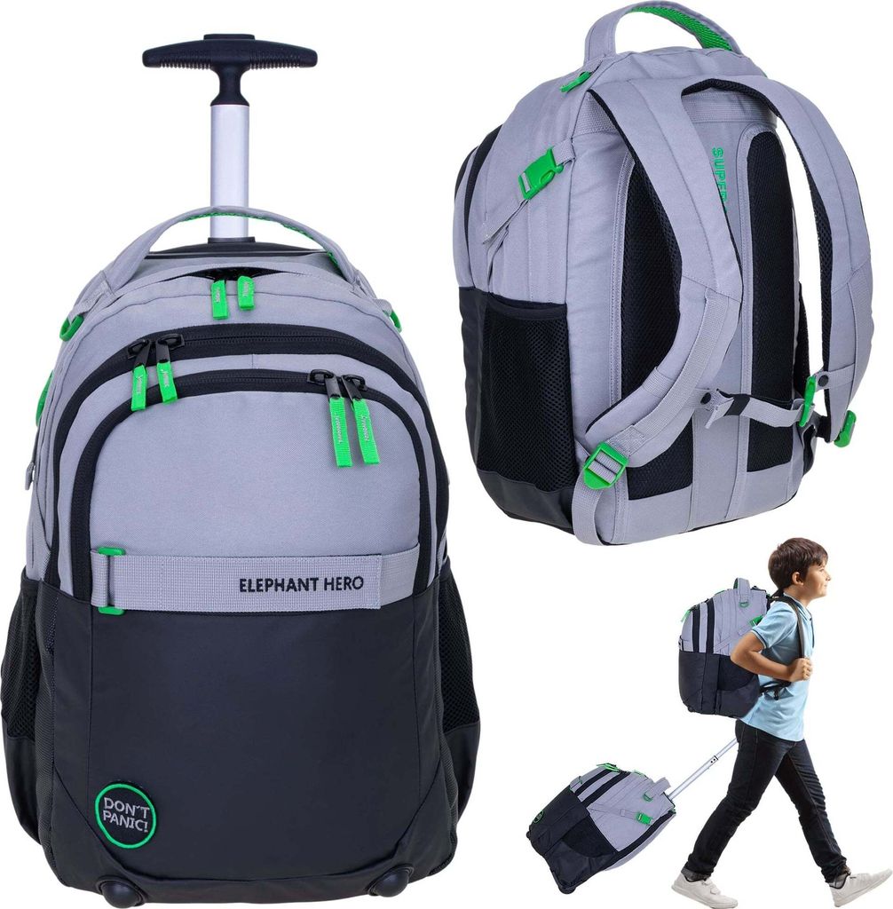 Schultrolley Trolley Elephant Hero Signature Ranzen Schulranzen Trolly Jungen Schulrucksack mit Räder Rollen 13048 Color Block Grau Grün