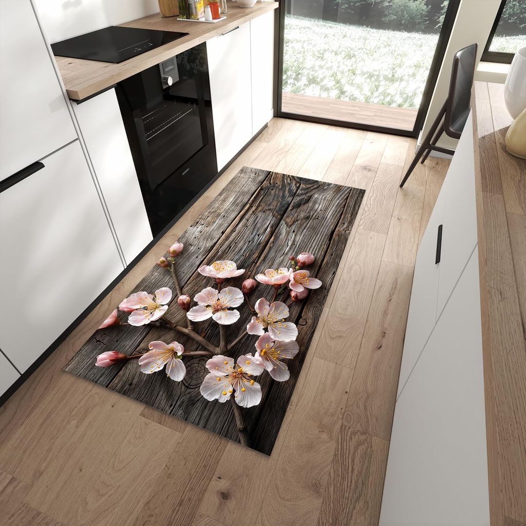 Küchenteppich 90x180cm rutschfest & abwischbar PVC Läufer - Holz von Kirschblüten